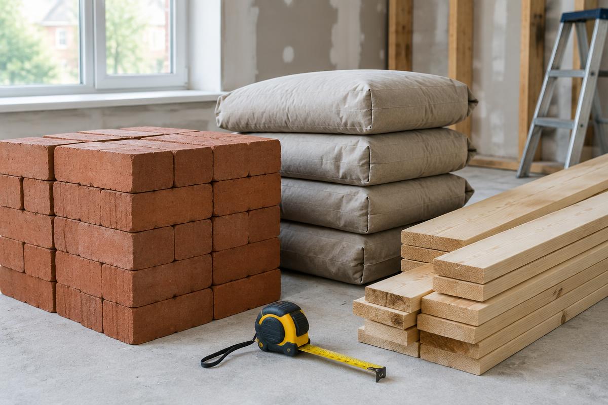 Bricks, unlabelled material bags, timber and a tape measure in a renovation workspace