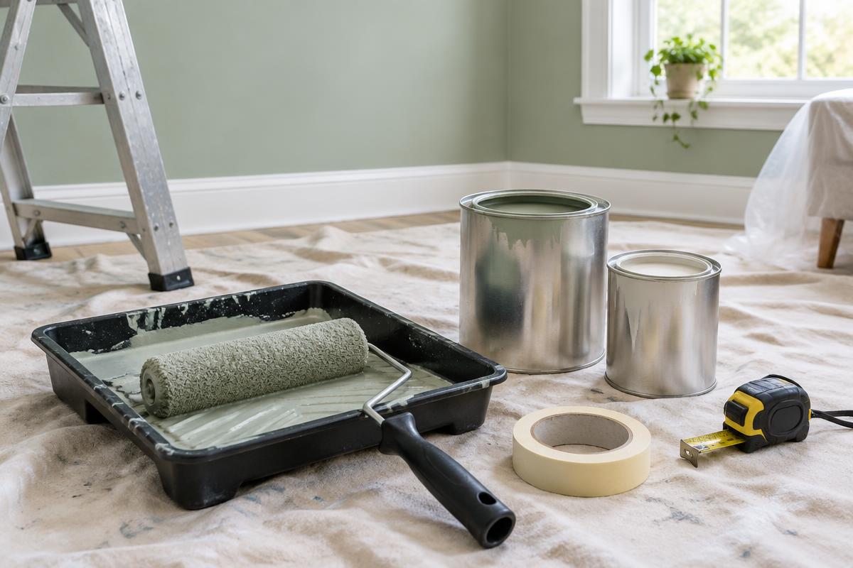 A paint roller, tray, plain paint tins and measuring tools in a room being decorated
