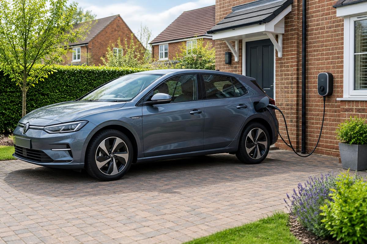 An electric hatchback connected to a wall charger on a driveway